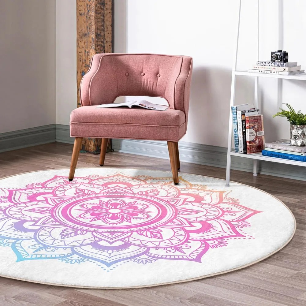 Fehér-rózsaszín mosható-robotporszívóval tisztítható kerek szőnyeg ø 120 cm Comfort – Mila Home