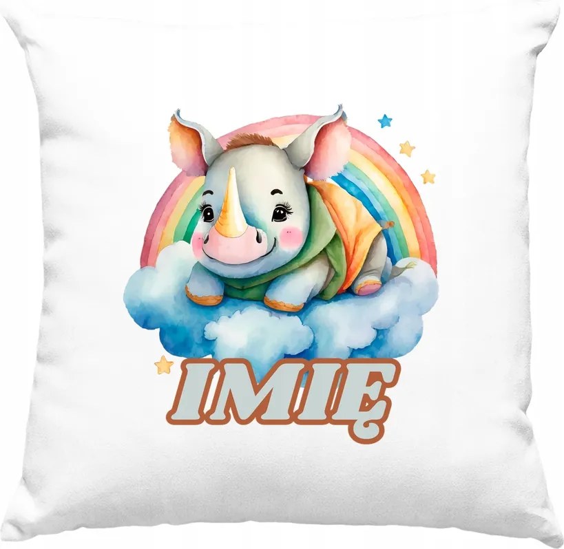 Gyerek párna Orrszarvú Szivárvány +Név Fehér