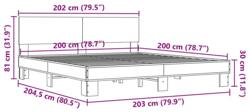 barna tölgyszínű szerelt fa és fém ágykeret 200 x 200 cm