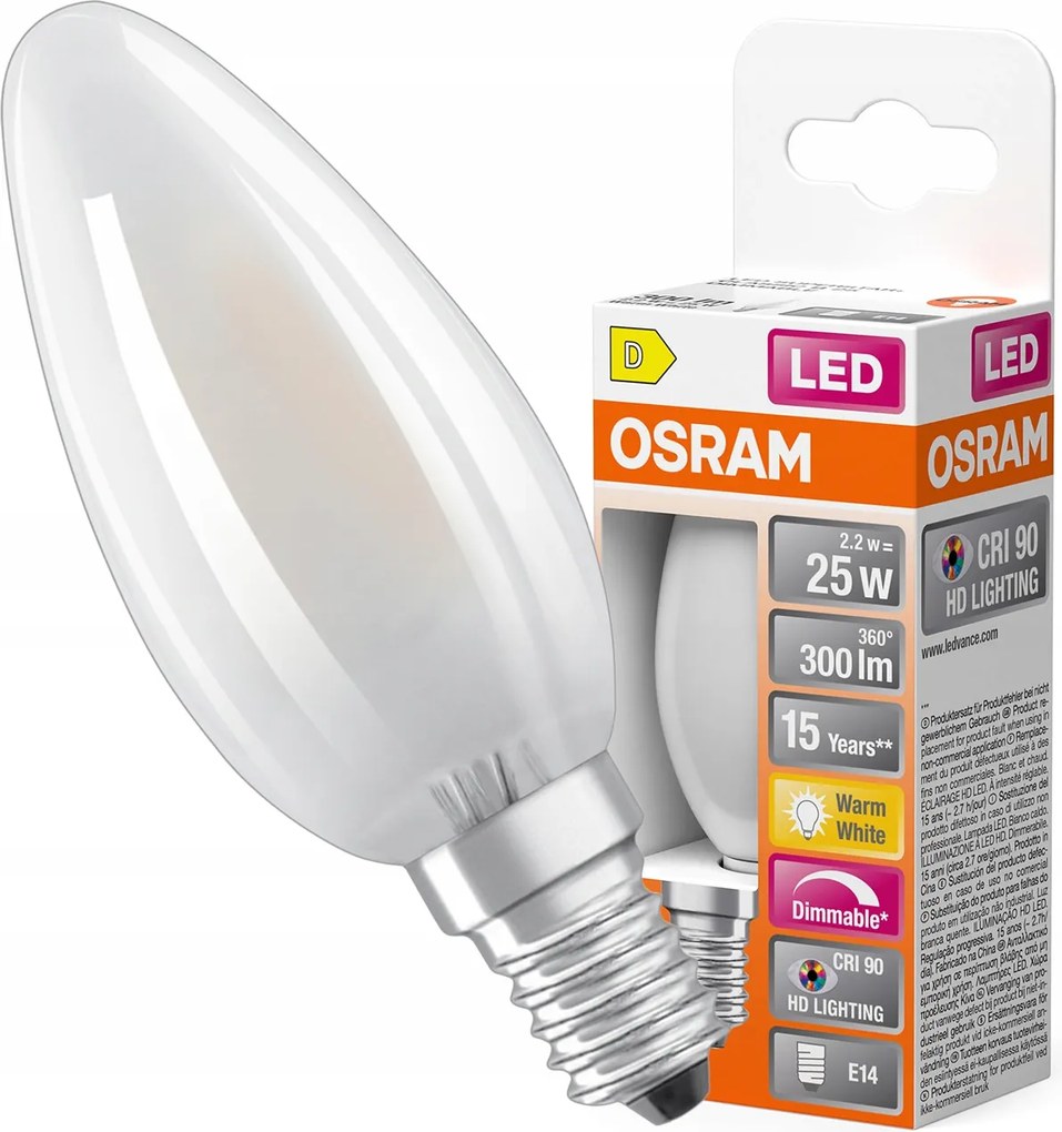 Led izzó Gyertya E14 2.2W 25W 2700K Meleg CRI90 Filament Tompítható