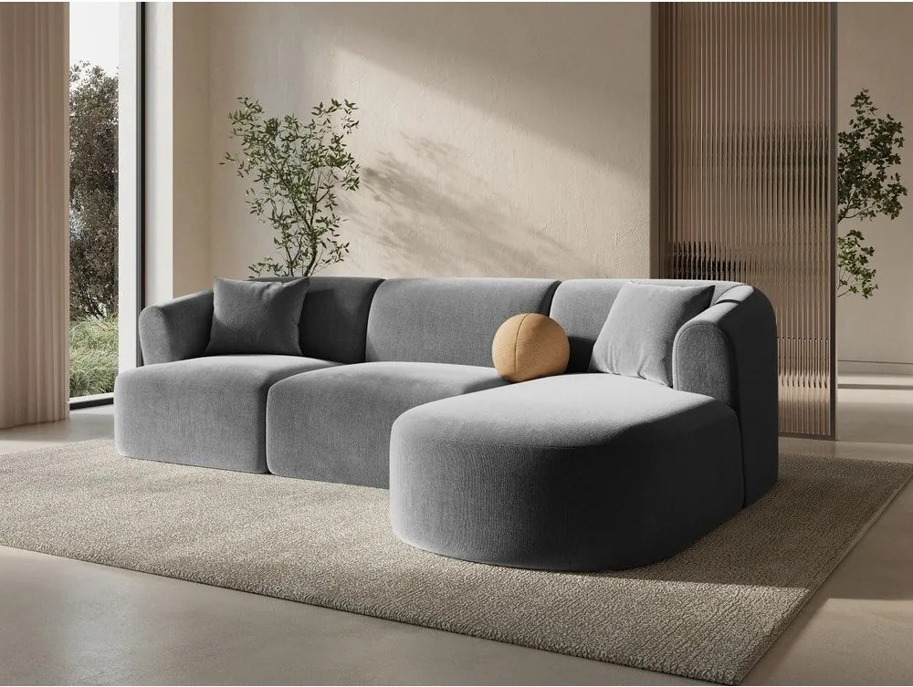 Világosszürke bársony sarokkanapé (jobb oldali-heverő résszel) Campi – Cosmopolitan Design