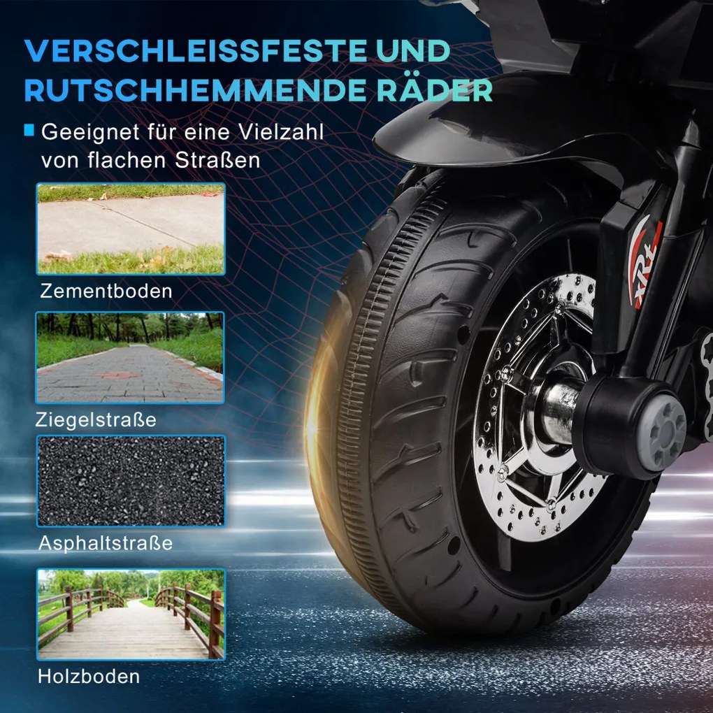 HOMCOM Elektromos Gyerekmotor, fények és hangok, 3 km/h, újratölthető, műanyag és fém, kék-fehér