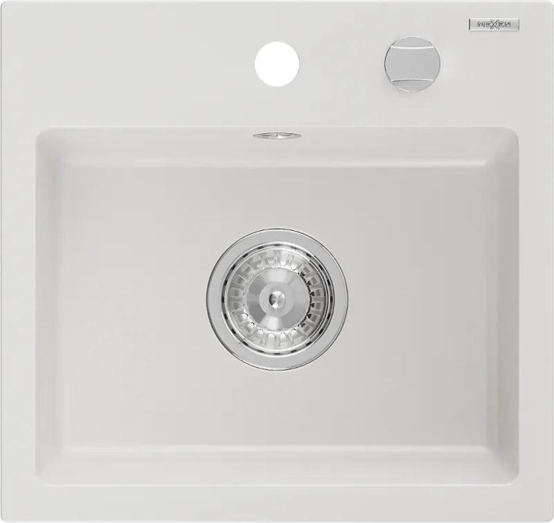 Mexen Milo egymedencés gránit mosogató 435 x 410 mm, fehér, króm szifon - 6505441000-20