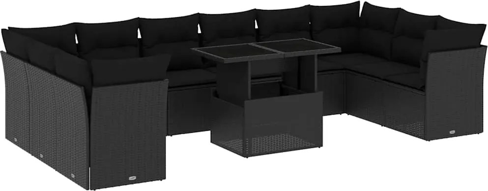vidaXL 11 részes fekete polyrattan kerti ülőgarnitúra párnákkal
