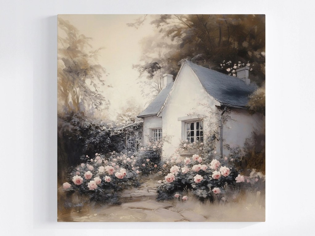 Vászonkép Canvas Tájkép Falu Ház Kunyhó Kert Virágok Rózsák 40x40