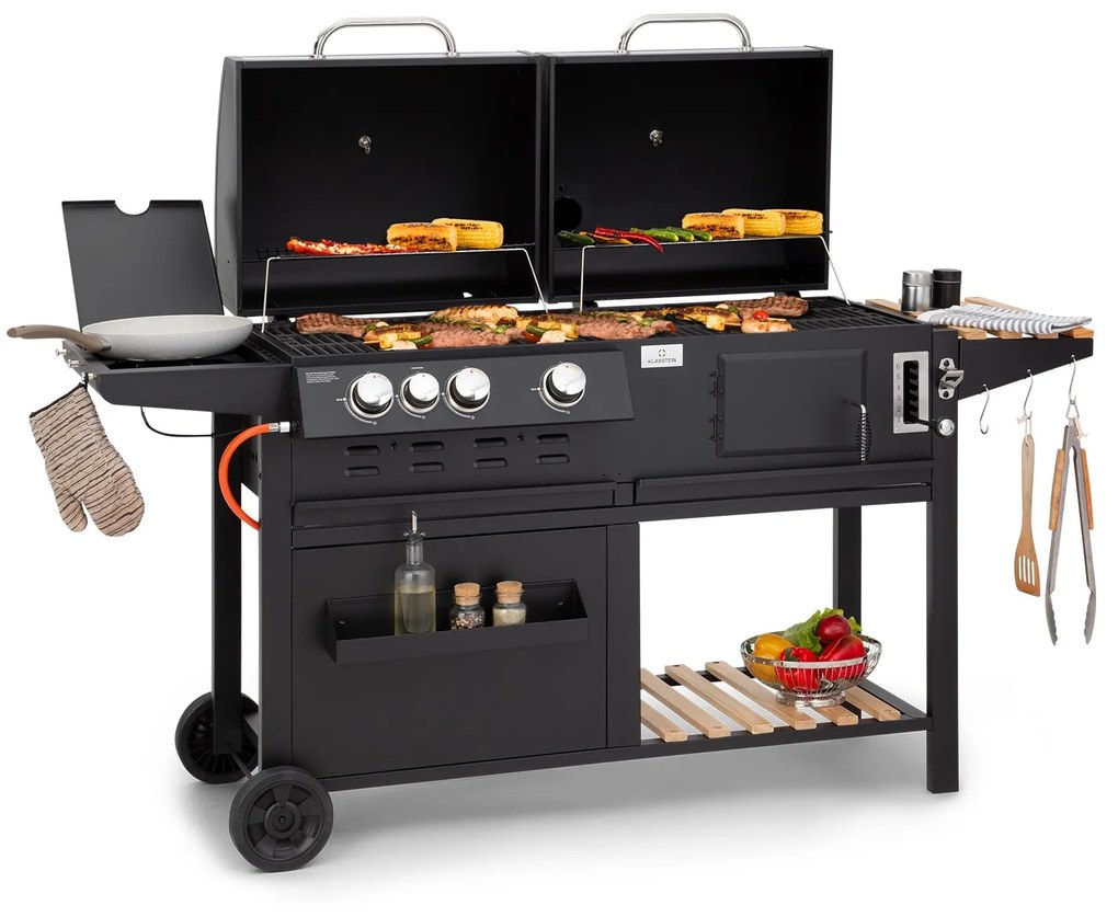Aberdeen, kombinált grill, gáz, faszén, füstölő, hőmérő, 2 kiegészítő asztal, mobil