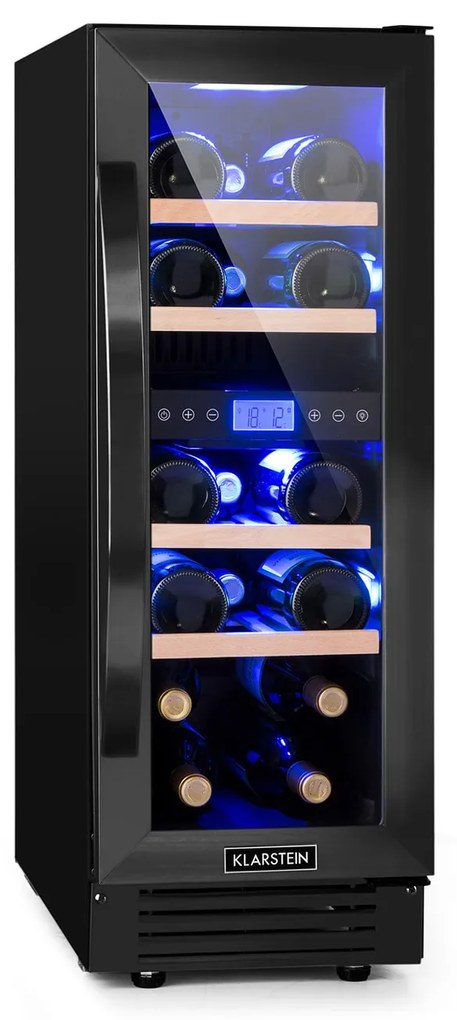 Klarstein Vinovilla 17 Built-in Duo Onyx Edition, kétzónás borhűtő, 53 liter, 17 palack, 3 színű LED világítás, üvegajtó