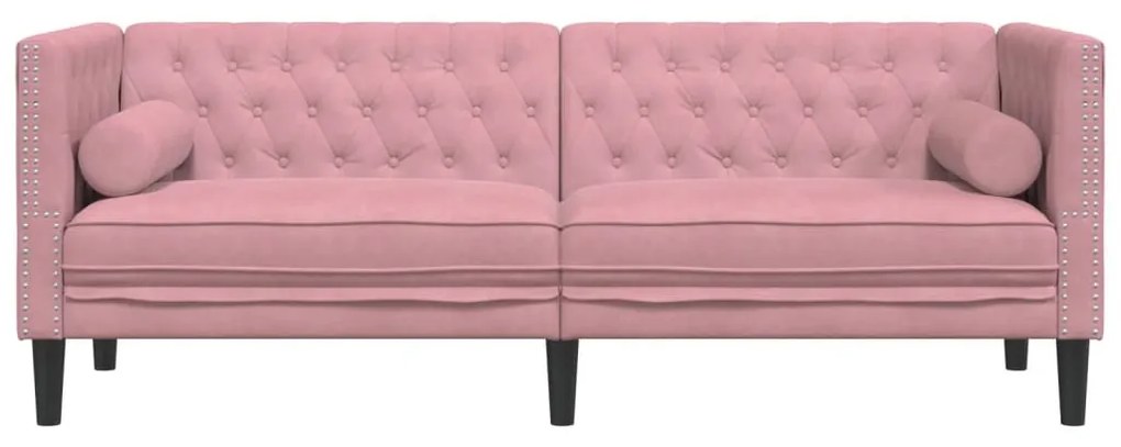 3 személyes rózsaszín bársony Chesterfield kanapé párnákkal