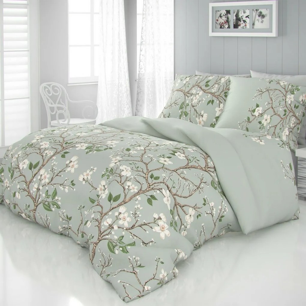 Tavasz szatén ágynemű, zöld, 220 x 200 cm, 2 db 70 x 90 cm