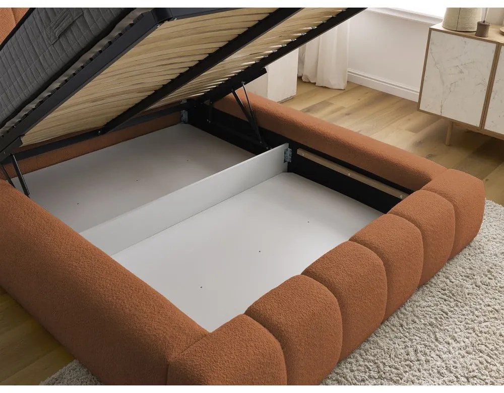 Narancssárga kárpitozott ágyneműtartós franciaágy ágyráccsal 160x200 cm Denali – Bobochic Paris