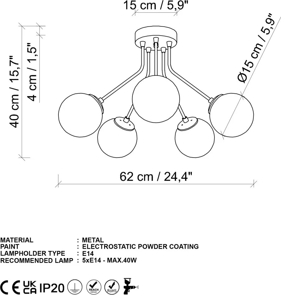 Orion 13961 arany fém és üveg 5 izzós függőlámpa, Ø62 cm