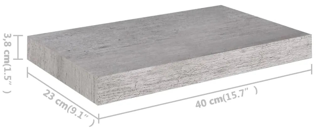 2 db betonszürke MDF lebegő fali polc 40 x 23 x 3,8 cm