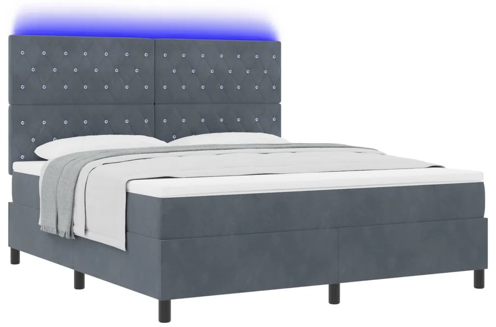 Boxspring Ágy Matrac LED világítással Sötétszürke 180x200 cm Bársony