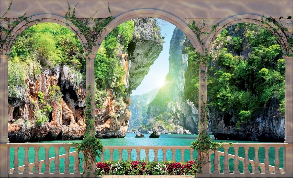 Flizelin fotótapéta Terasz Tenger Virágok Nap Sziklák Kilátás 300x210 +ragasztó