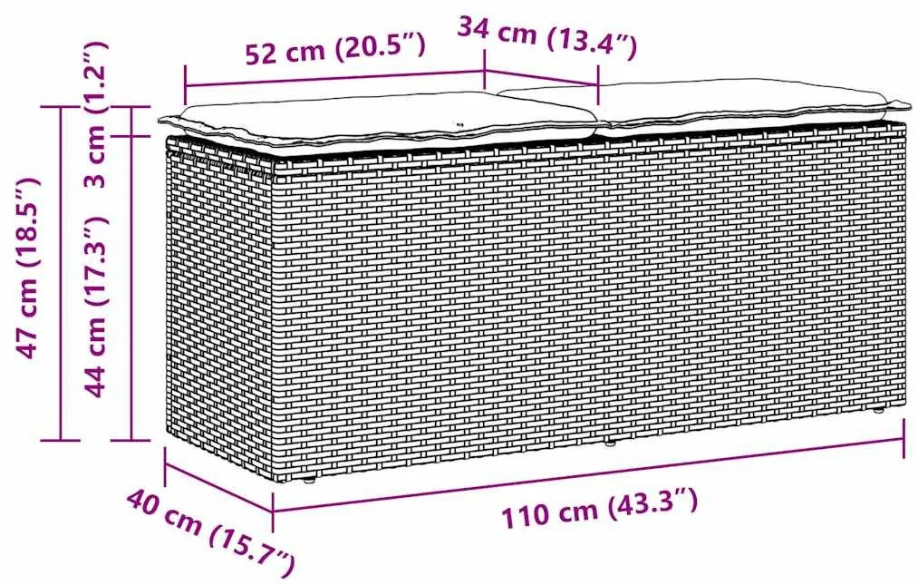 szürke polyrattan kerti pad párnával 116 x 46 x 57 cm