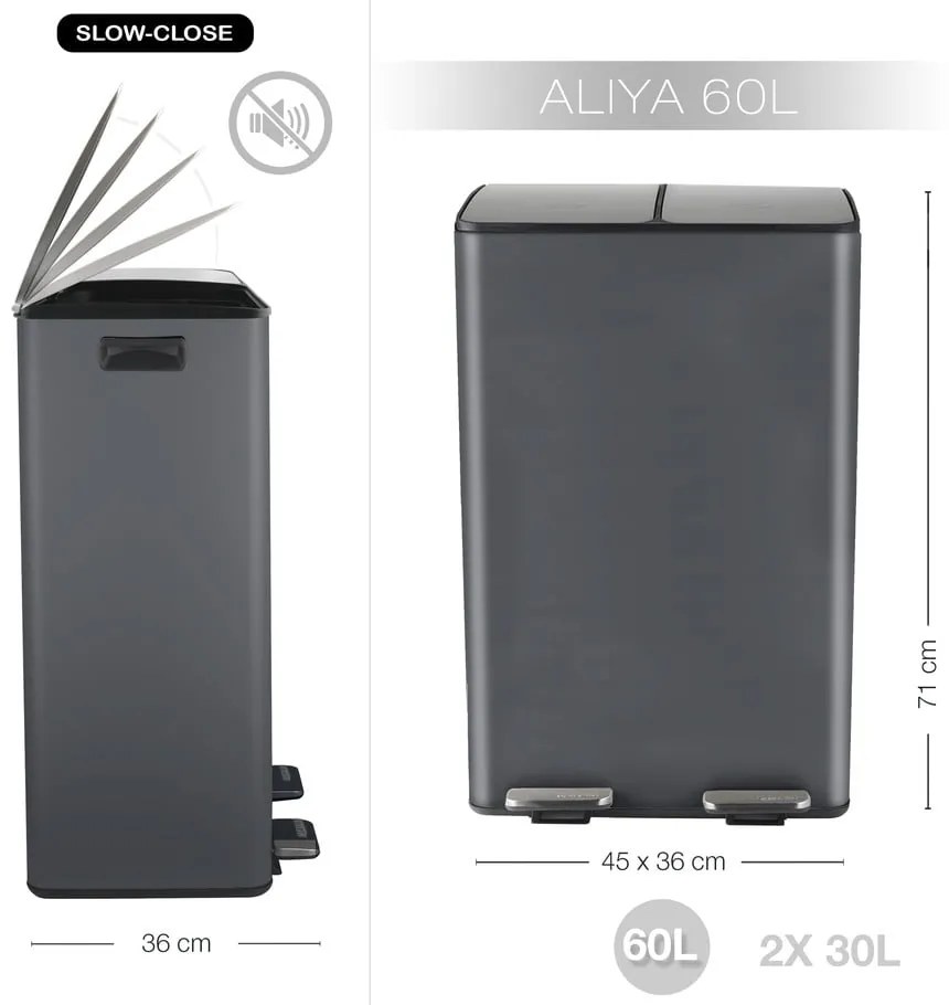 Sötétszürke acél szelektív pedálos szemetes 2x30 l Aliya – Spirella