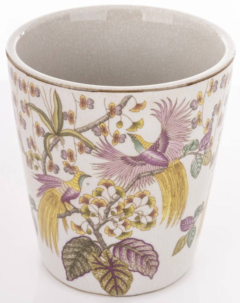 Törtfehér vintage szögletes porcelán virágtartó kaspó pávákkal festve 15x14x14cm