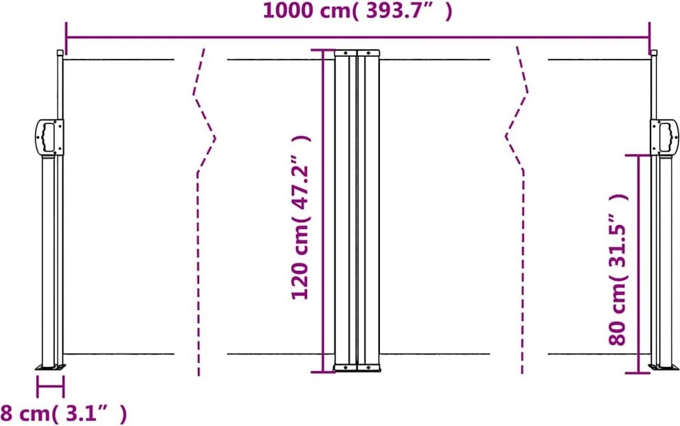 Tópszínű behúzható oldalsó napellenző 120 x 1000 cm