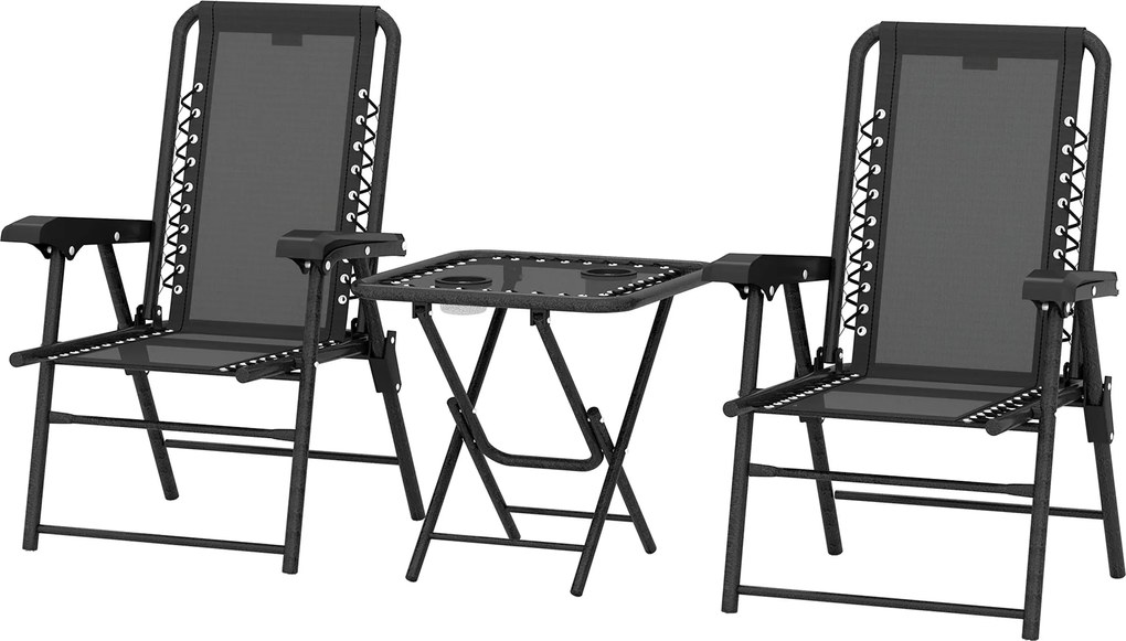 Outsunny 3 részes összecsukható bisztró szett – porszórt acél, fekete (2 szék + asztal) pohártartóval | Aosom