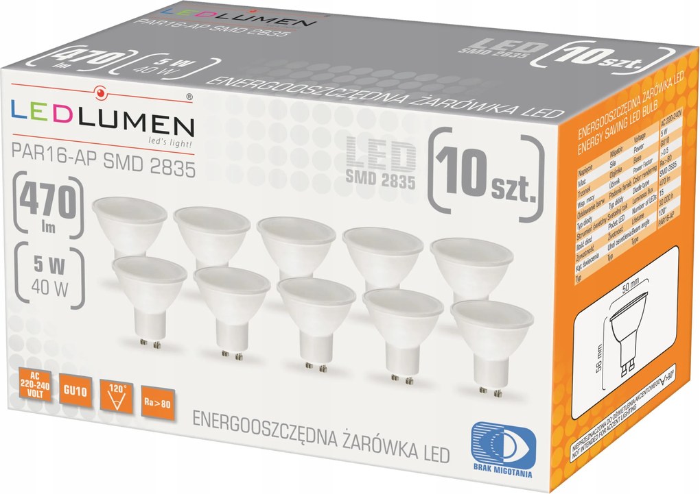 10 db-os Led izzó szett GU10 5W=40W 470lm Prémium Nem villogó Semleges 4000K