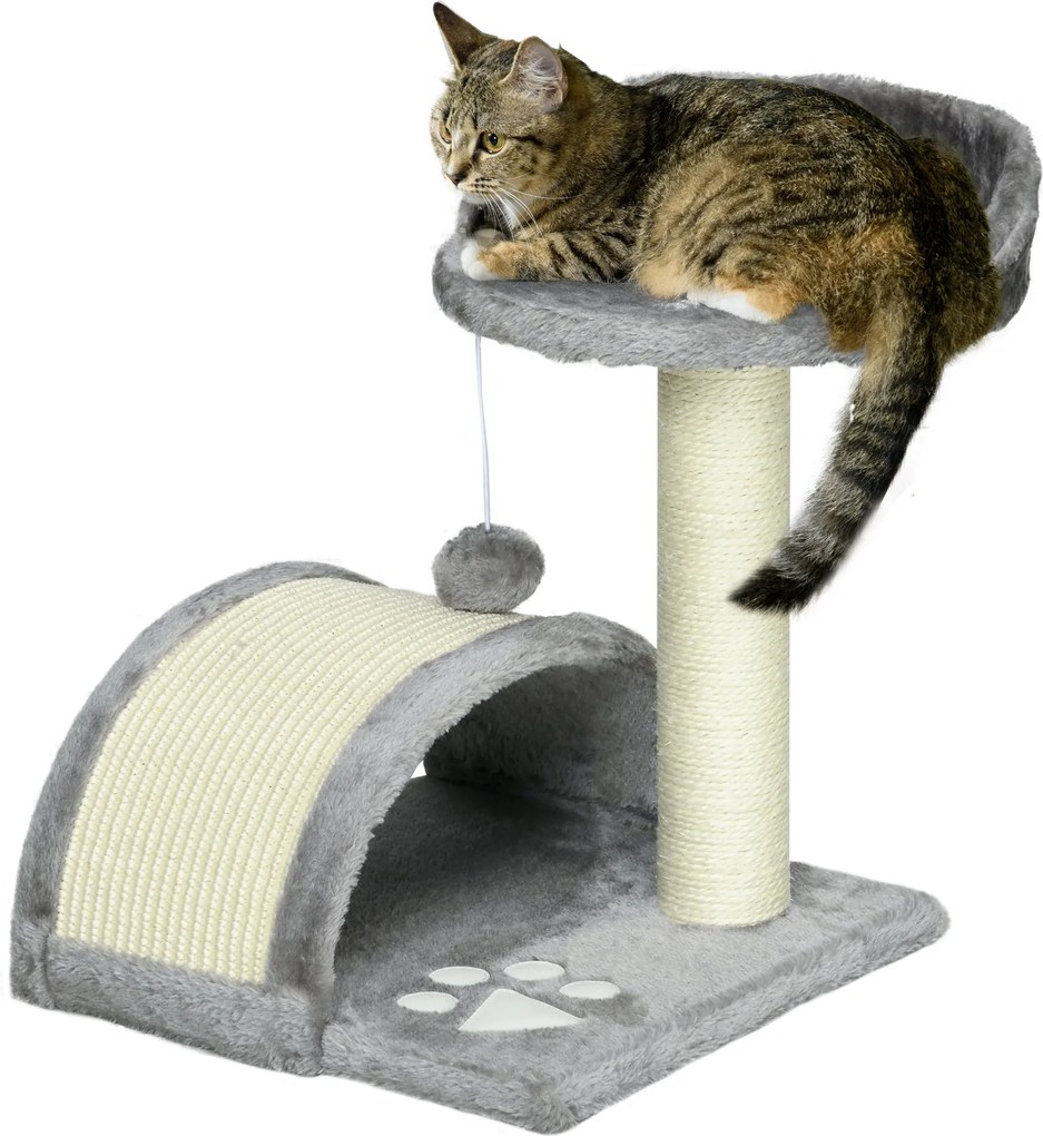 PawHut Kicsi Macskakaromfa 46 cm Magasságú, 2-Szintű Macska Fa Kaparó Poszttal, Platformokkal és Lógó Labda Játékkal 35.5x37x46 cm Szürke | Aosom