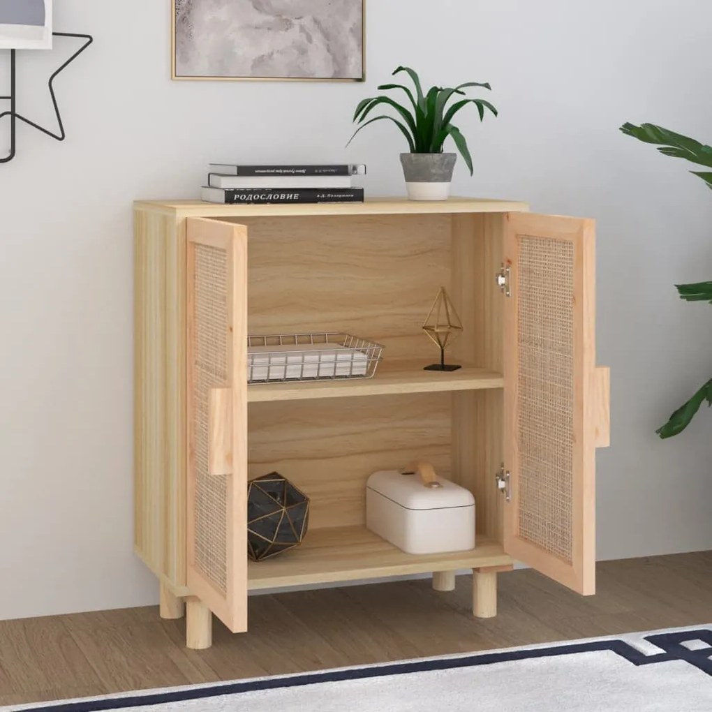 barna tömör fenyő/természetes rattan tálalószekrény 60x30x70cm