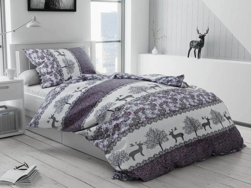 KARÁCSONYI RÉNSZARVAS szürke mikroplüss ágynemű + SOFT fehér mikroplüss lepedő 90x200 cm