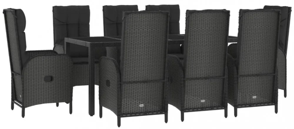 9 részes fekete és szürke polyrattan kerti étkezőszett párnával