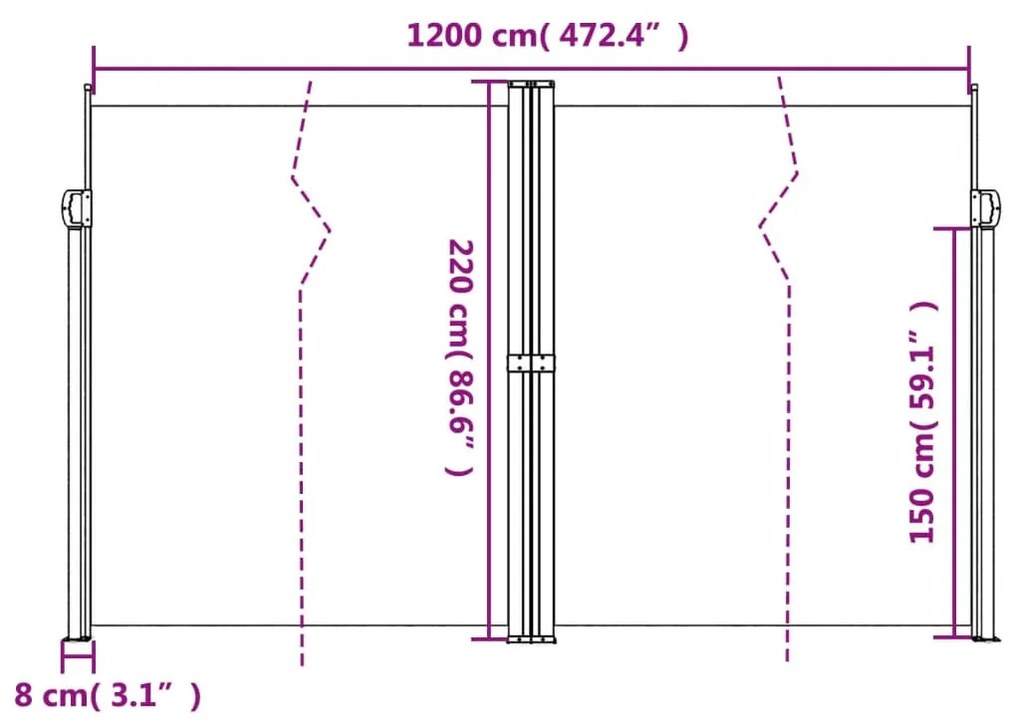 bézs behúzható oldalsó napellenző 220 x 1200 cm