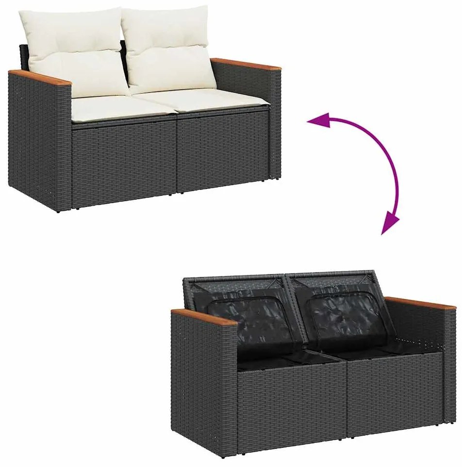 7 részes fekete polyrattan akácfa kerti ülőgarnitúra párnával
