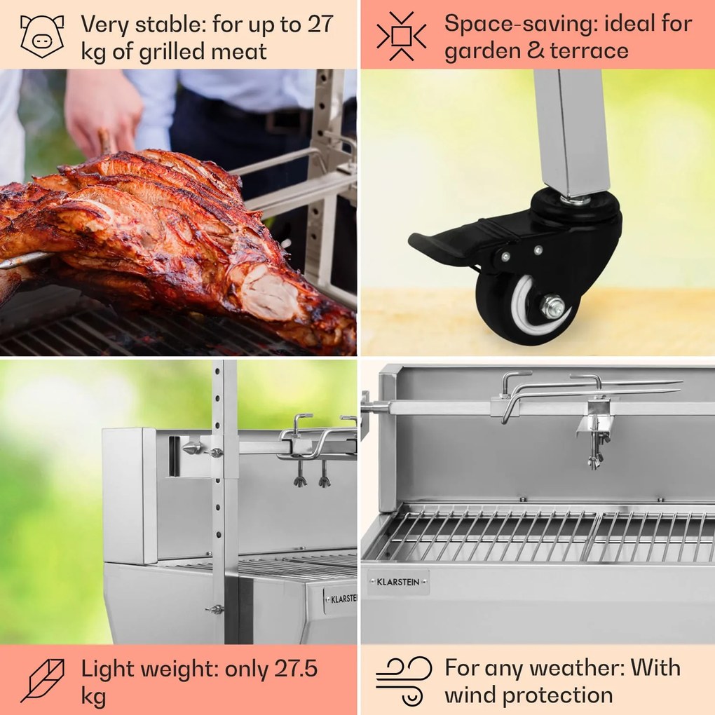 Sauenland Pro, malacsütő grill, forgó nyárs, 13 W, 4 kerék, rozsdamentes acél