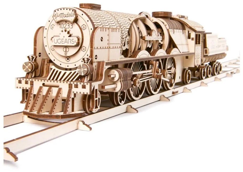 Ugears - 3D fa mechanikus puzzle V-Express gőzmozdony pályával