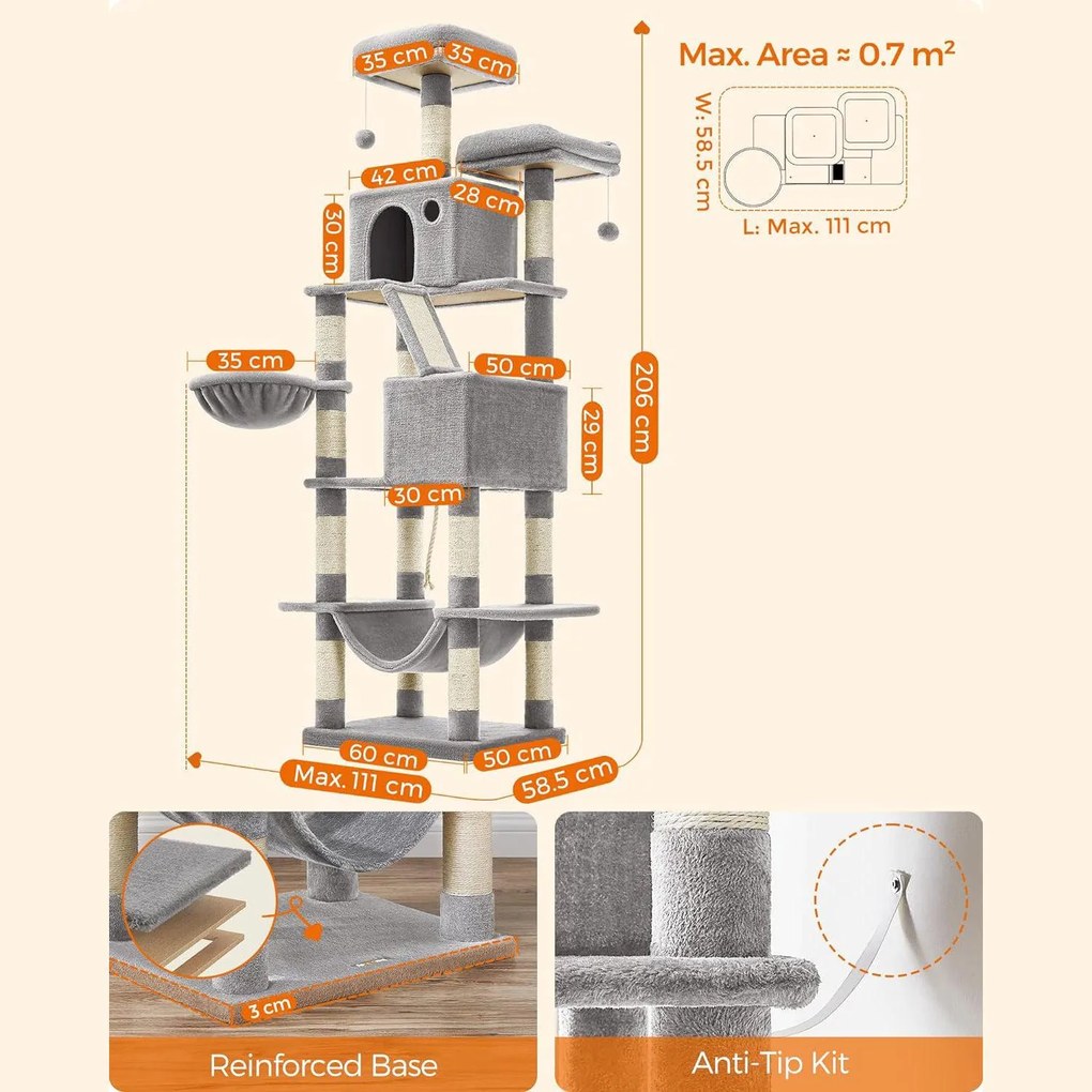 Macska kaparófa, többszintes, pihenőkosárral, 60x50x206cm, szürke