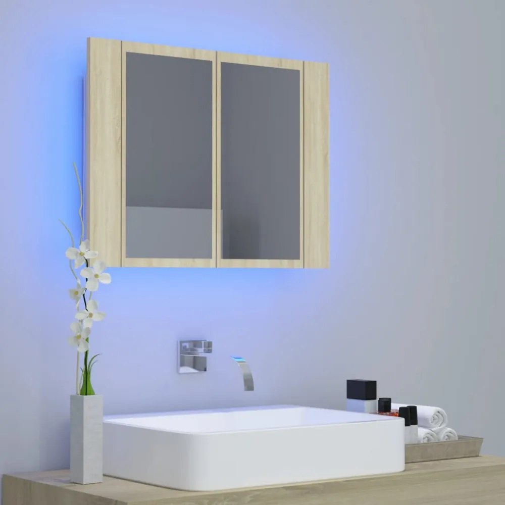 tölgyszínű akril LED-es tükrös fürdőszobaszekrény 60x12x45 cm