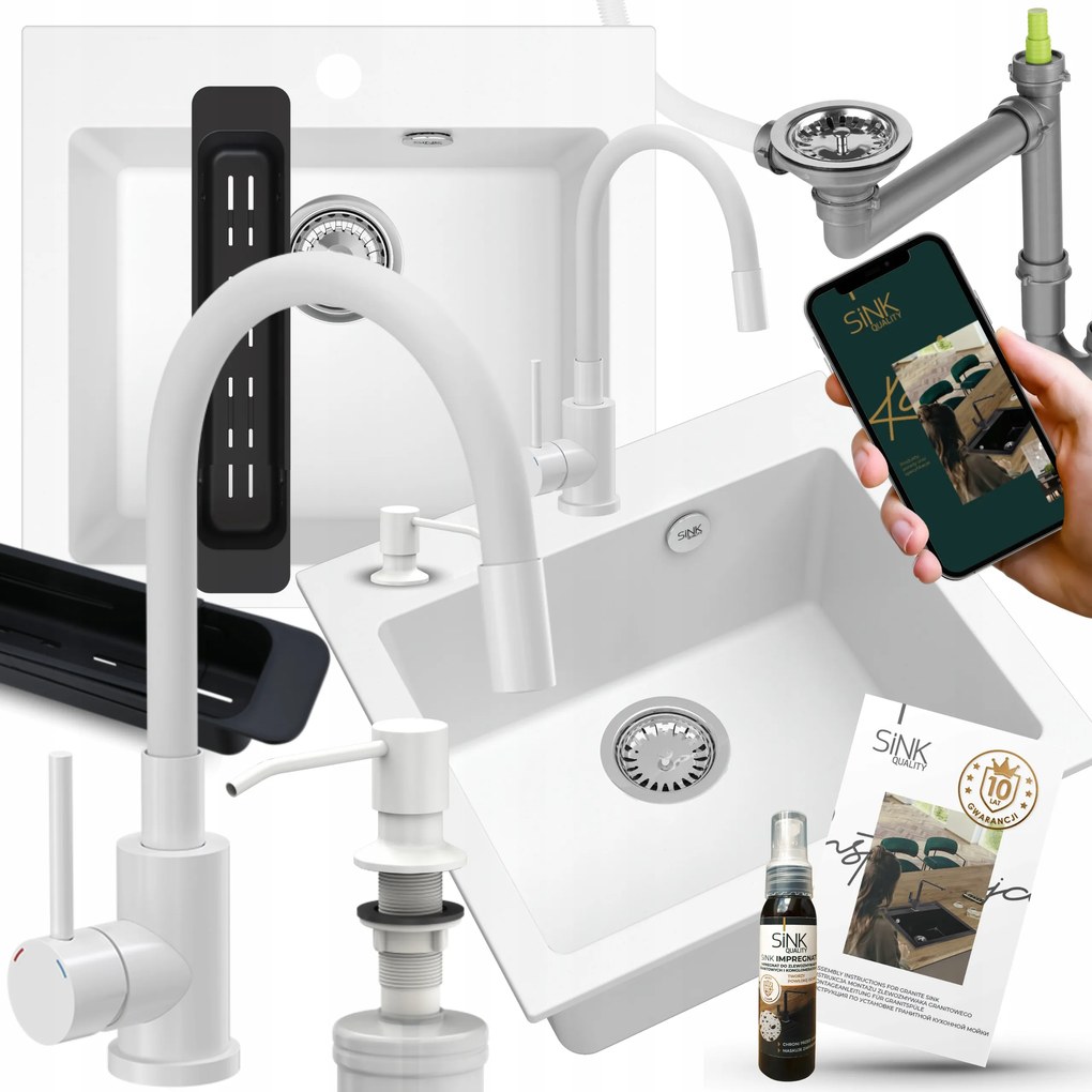 Gránit Mosogató Szett Egymedencés Fehér Csaptelep Szifon Adagoló