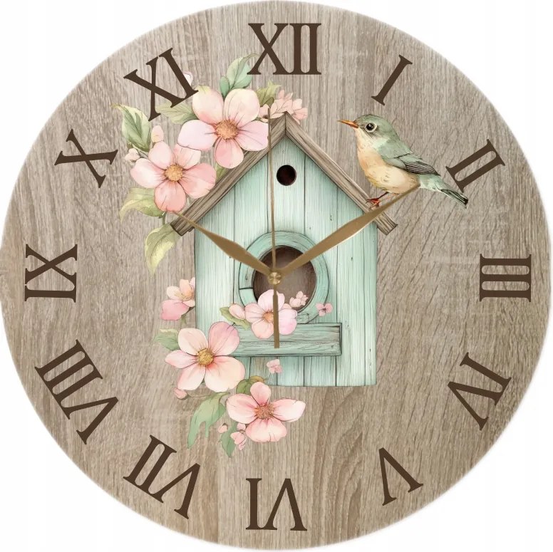 Dekoratív falióra 35 cm nyomott mintával Madárház virágokkal