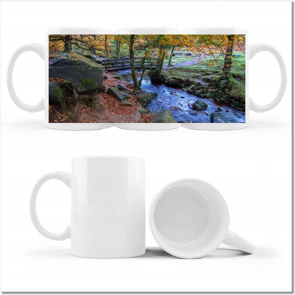 Bögre fényképpel Híd a parkban az őszi időszakban