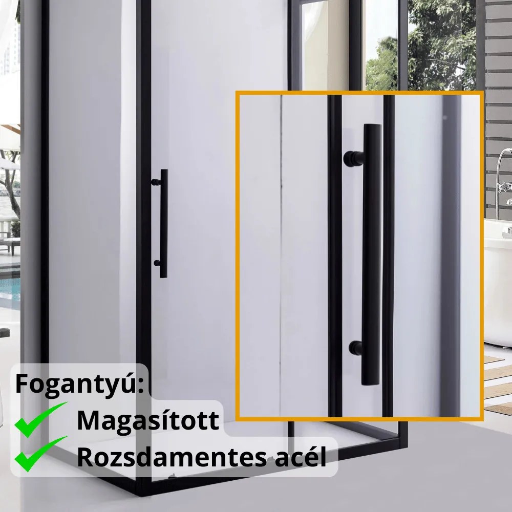 Stuxi Nizza Black 100x100 falsíkra szerelhető 3 oldalú tolóajtós zuhanykabin 6 mm vízlepergető biztonsági üveggel, fekete elemekkel, 200 cm magas