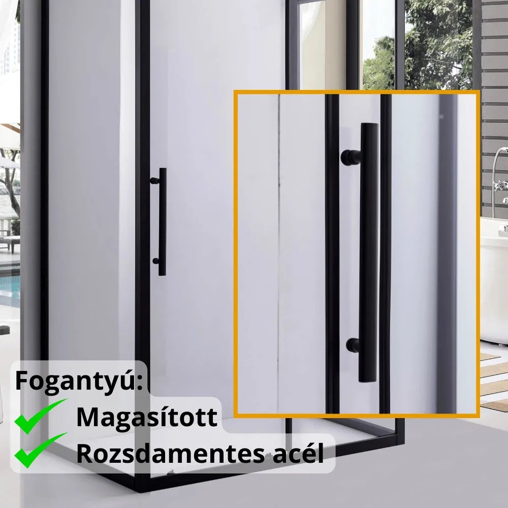 Stuxi Nizza Black 130x70 falsíkra szerelhető 3 oldalú tolóajtós zuhanykabin 6 mm vízlepergető biztonsági üveggel, fekete elemekkel, 200 cm magas