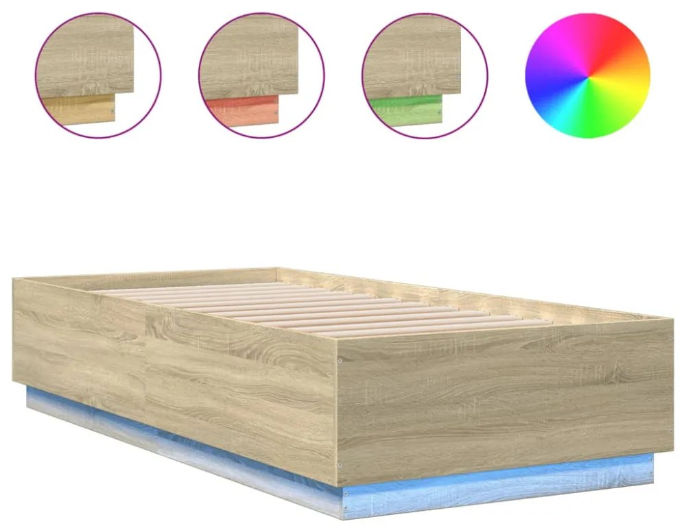 sonoma tölgyszínű szerelt fa ágykeret LED-del 90 x 200 cm