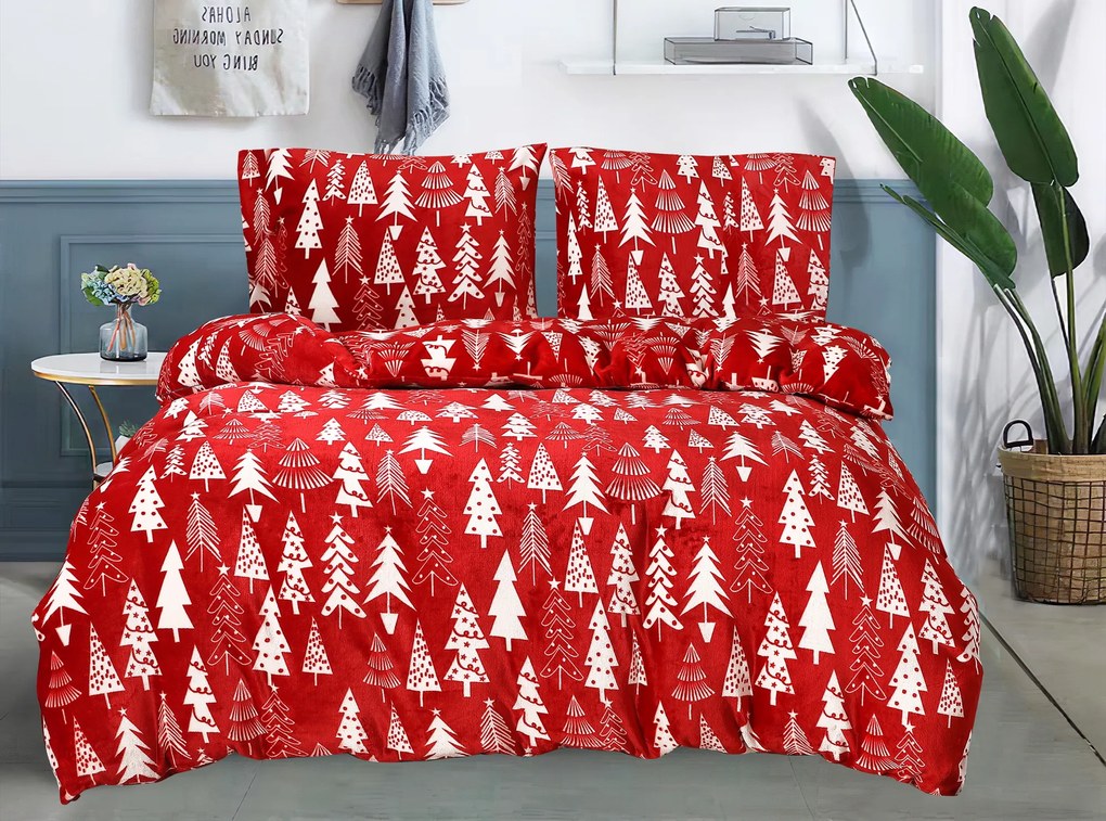 Mikroplüss ágynemű szett CHRISTMAS TREES piros + Mikroplüss lepedő SOFT 180x200 cm fehér, franciaágy