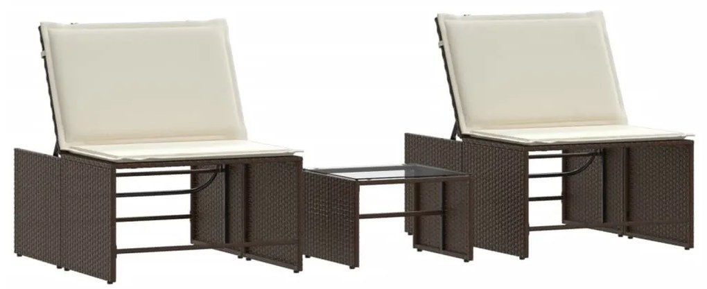 2 db barna polyrattan napozóágy asztallal