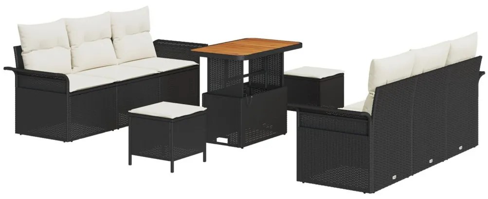 9 Részes Kert Sofa Szett Párnákkal Fekete Poli Rattan Akácia, 2-Személyes Kert Sofa Tárolóval és Párnákkal Fekete Poli Rattan, 3 Részes Kert Étkező Szett Párnákkal Fekete Poli Rattan Akácia