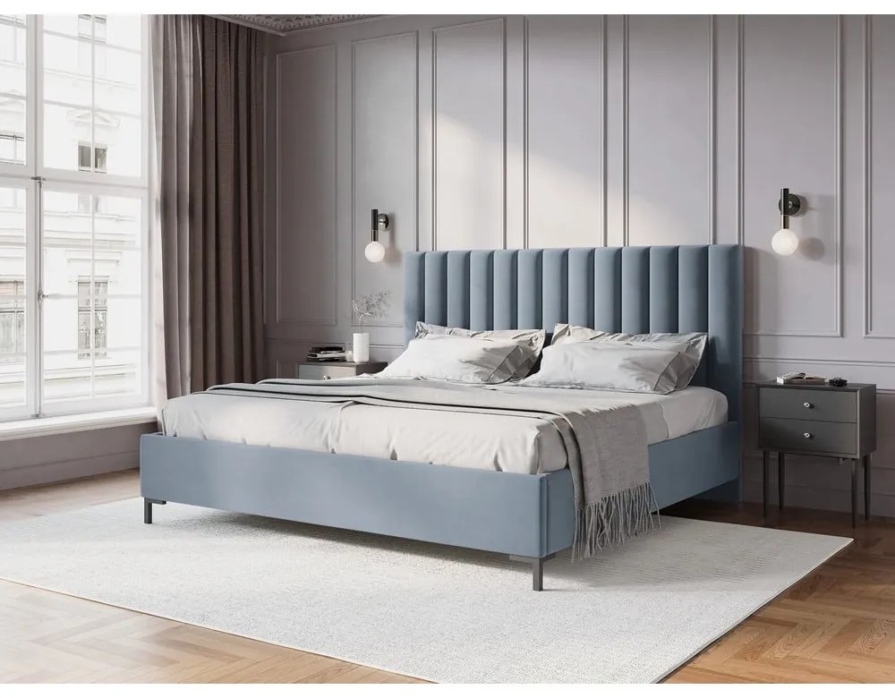 Világoskék kárpitozott ágyneműtartós franciaágy ágyráccsal 160x200 cm Casey – Mazzini Beds