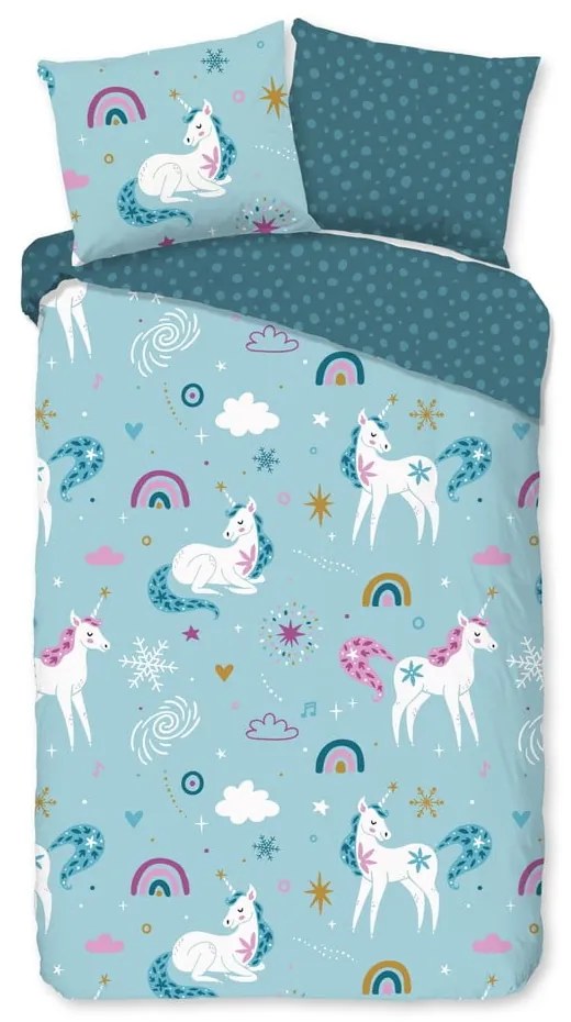 Kék egyszemélyes-hosszabbított flanel gyerek ágyneműhuzat 140x220 cm Snowycorn – Good Morning