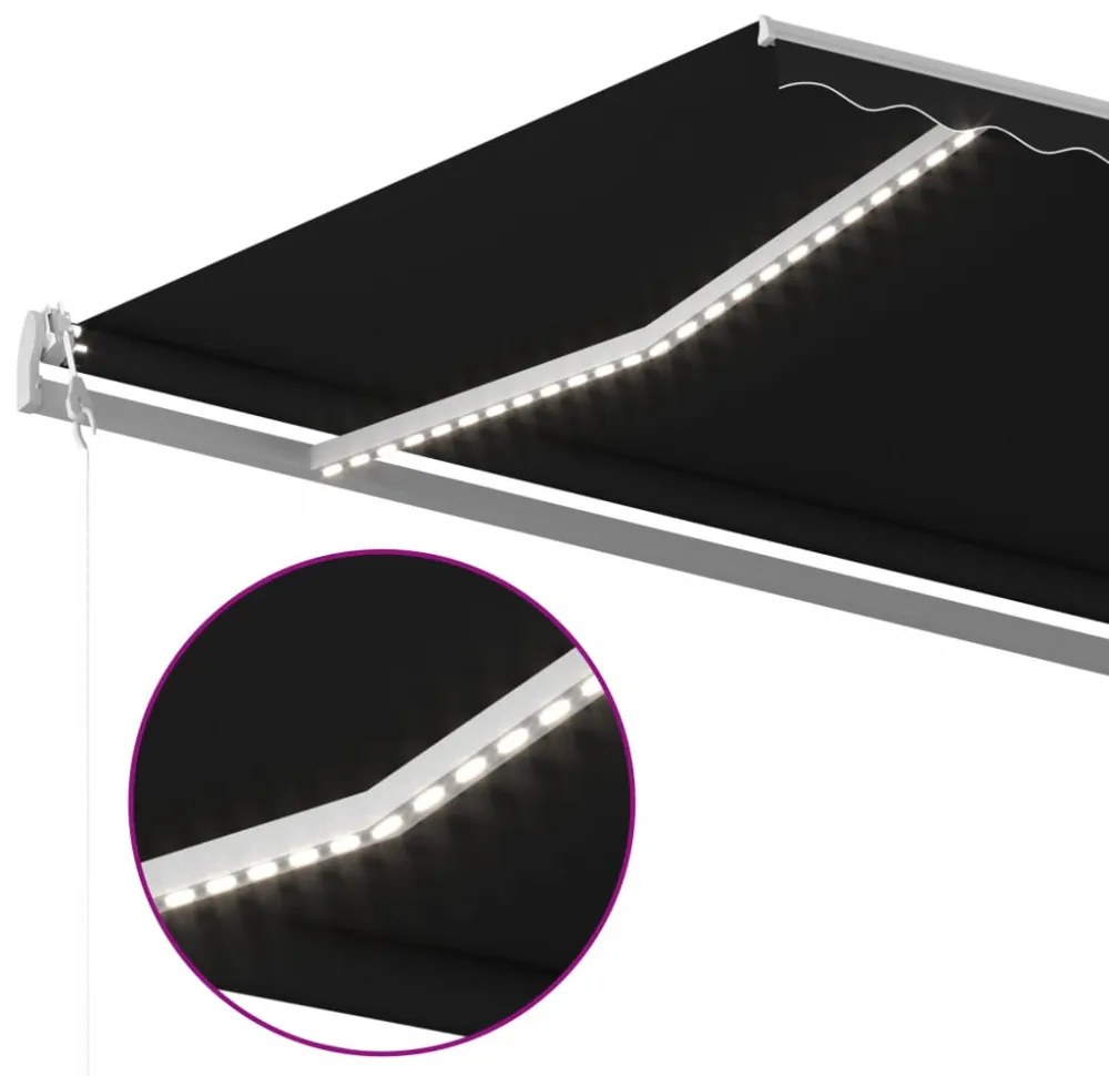 antracitszürke kézzel behúzható LED-es napellenző 6x3 m
