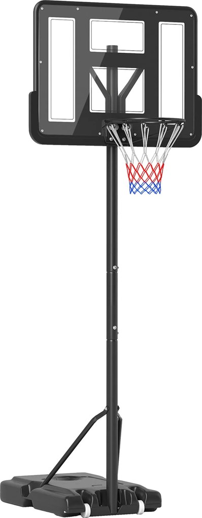 HOMCOM Szabályozható Magasságú Kültéri Kosárlabda Gyűrű 220-365 cm Hordozható Kosárlabda Gyűrű Állvánnyal Kerekes Tölthető Alappal Fekete | Aosom