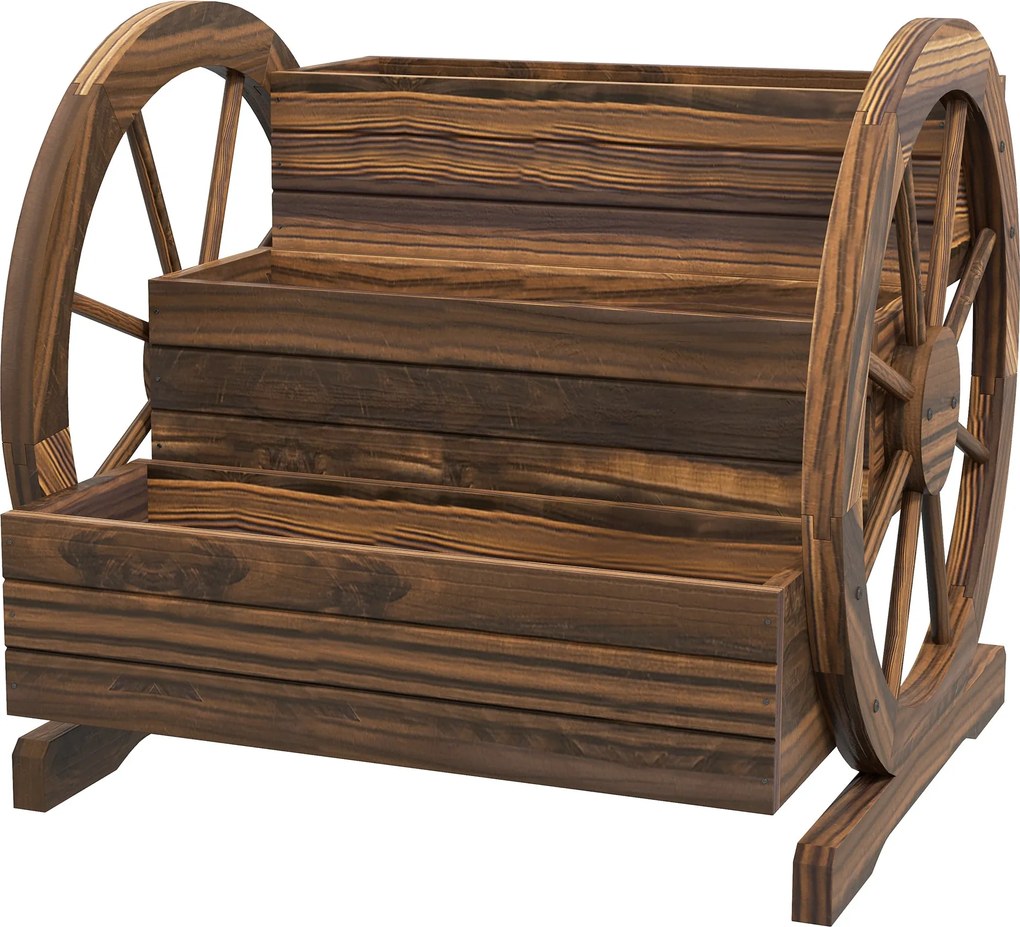 Outsunny 3 szintes emelt fa virágláda díszkerekekkel — karbonizált lucfenyő, 62 × 61 × 57 cm | Aosom