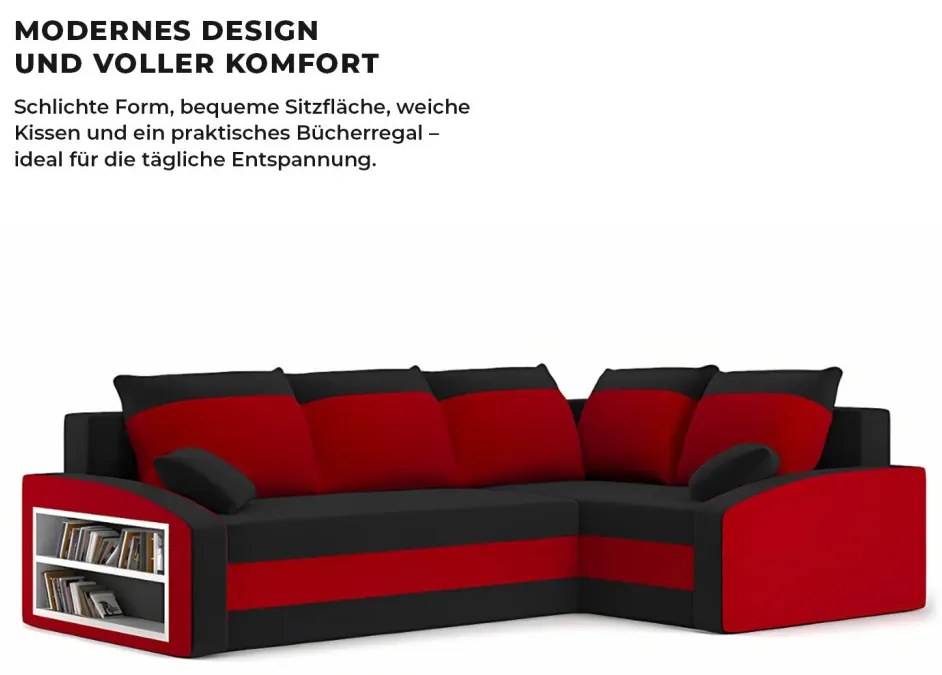 Grande sarokkanapé polcokkal , polc a bal karfaban, jobboldali, szövet anyag, bonell töltet, fekete - piros