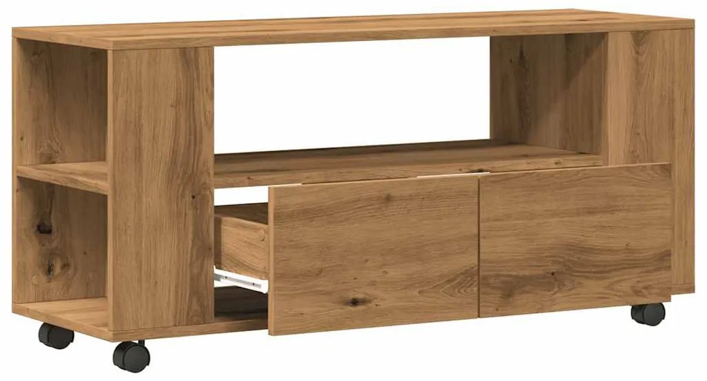 kézműves tölgy szerelt fa TV-szekrény kerekekkel 102x34,5x43 cm
